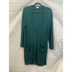 J Jill Green Button Front Long Cardigan Womens PL Ribbed‎ Knit Pockets